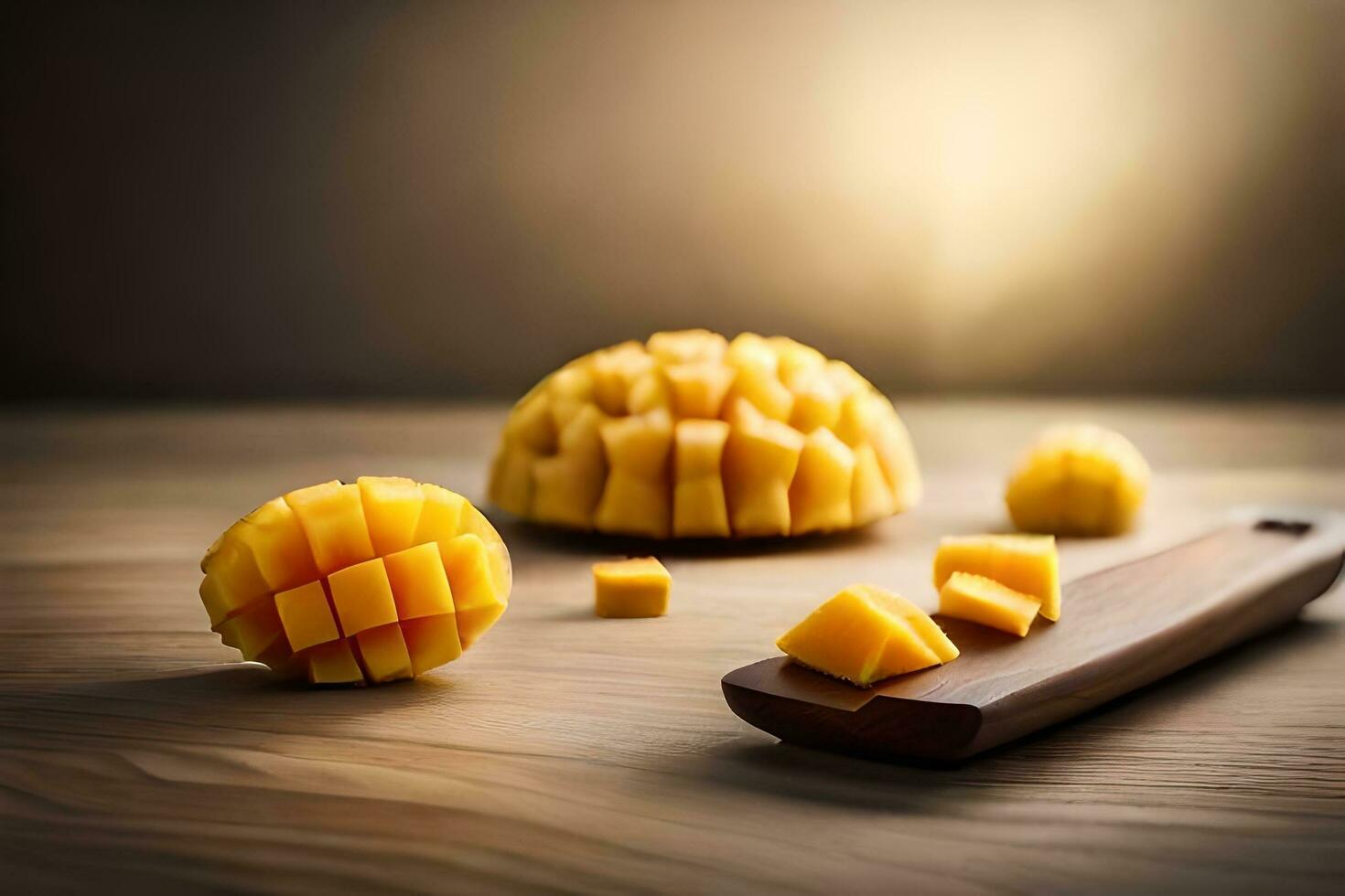 mango slices on a wooden table with a knife. AI-Generated photo