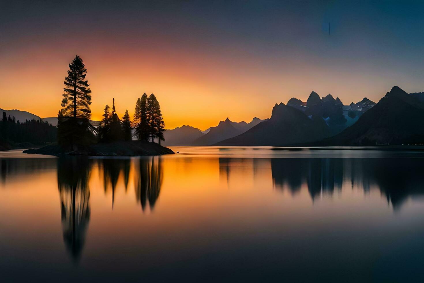 a beautiful sunset over a lake with trees and mountains. AI-Generated photo