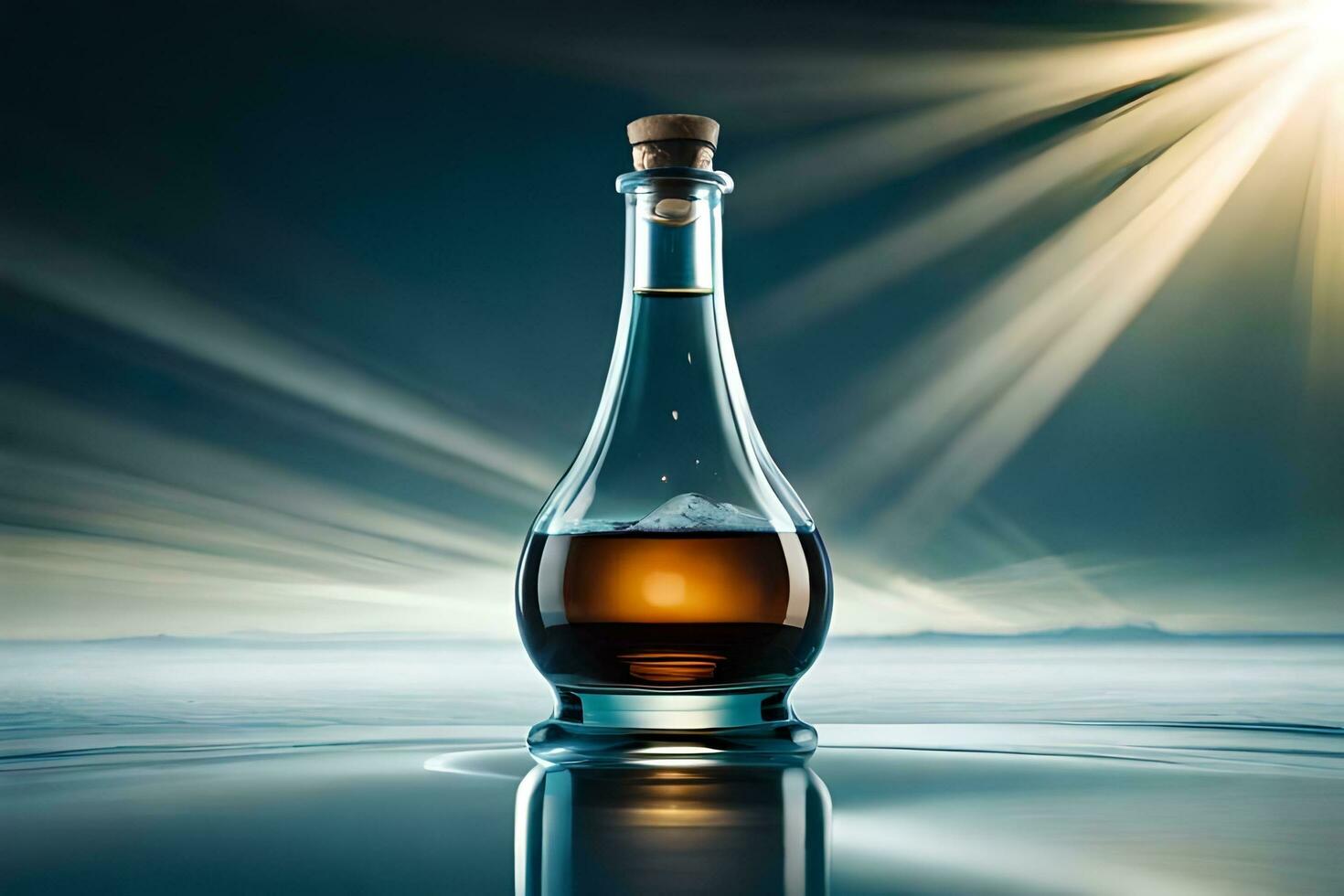 a bottle of whiskey on a table with a light shining on it. AI-Generated photo