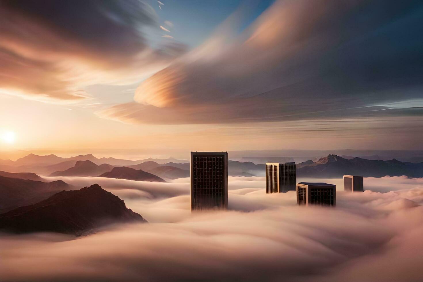 clouds over the city skyline at sunset. AI-Generated photo