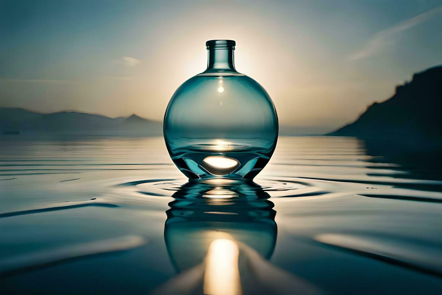 a bottle of water sitting on the water with a sunset in the background. AI-Generated photo