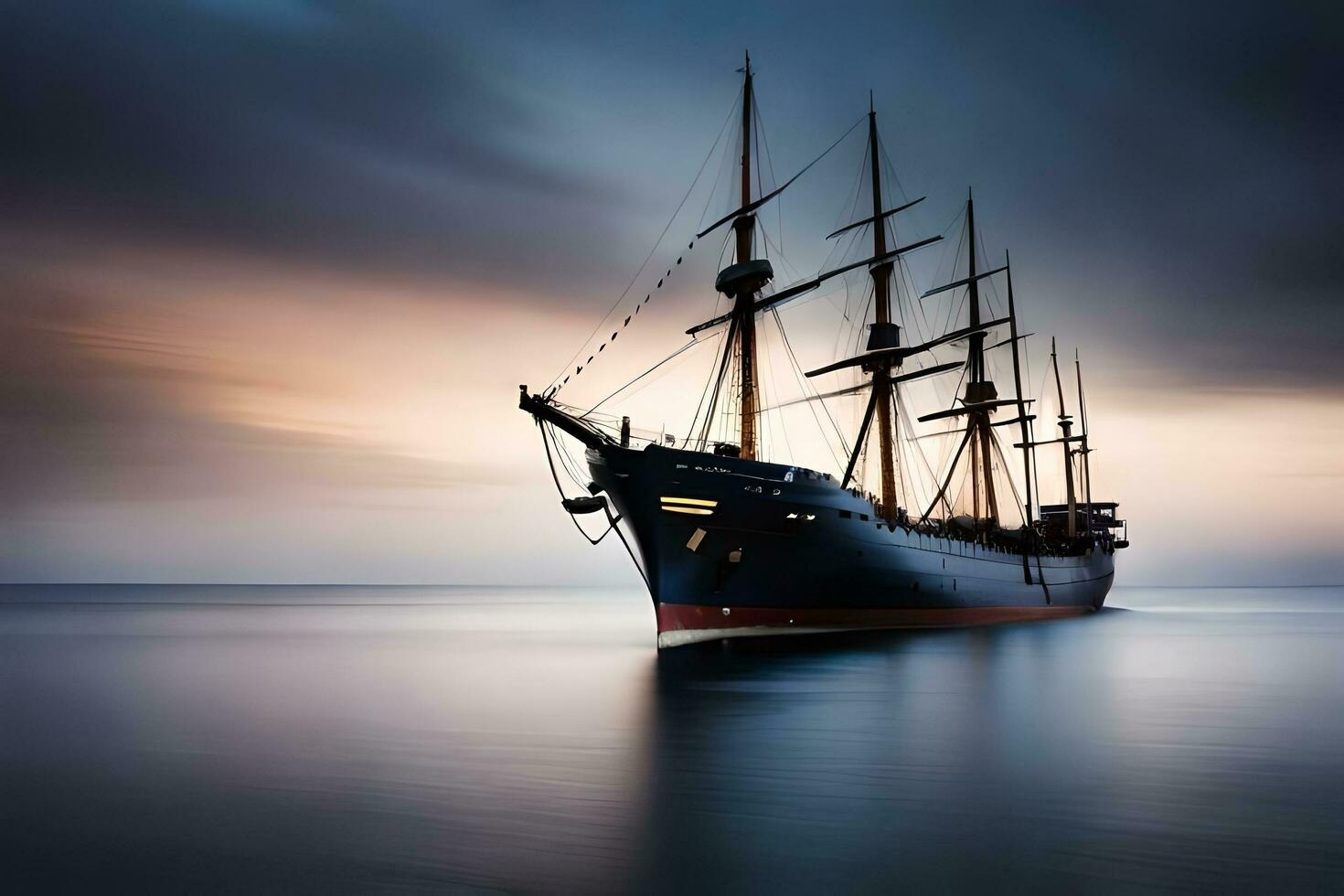 a large sailing ship in the ocean at sunset. AI-Generated photo