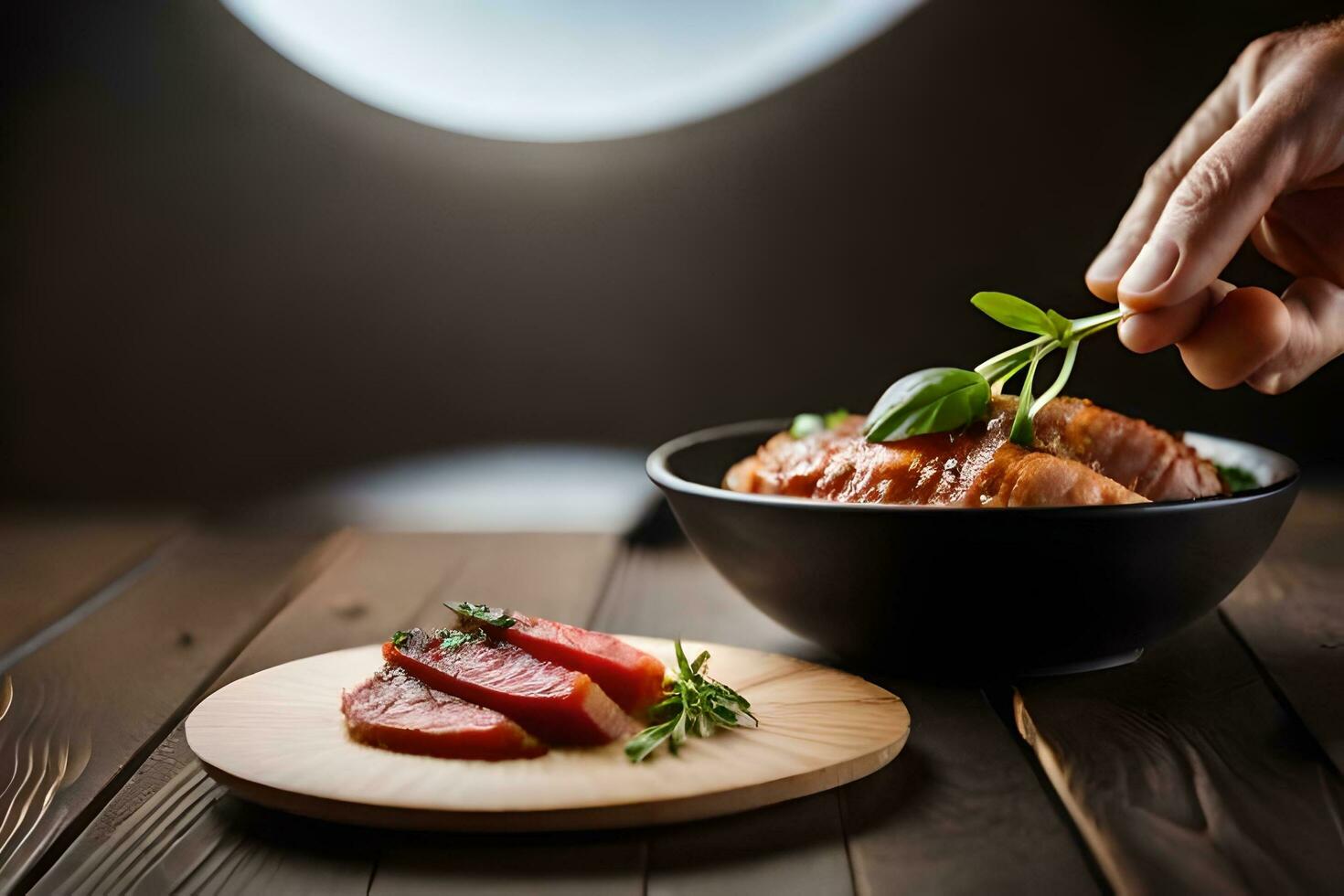 a person holding a piece of meat on a wooden table. AI-Generated photo