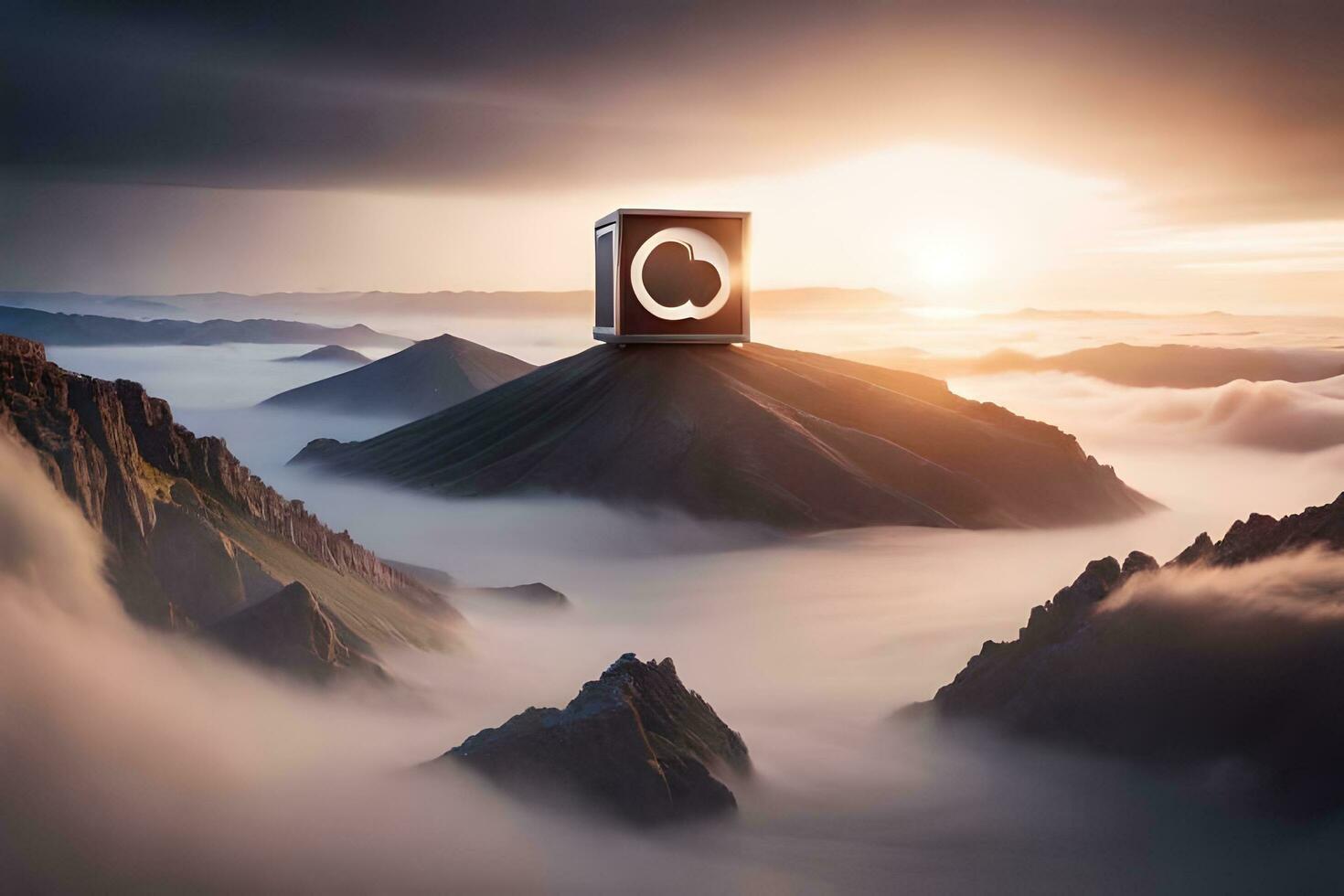 a box sitting on top of a mountain with clouds in the background. AI-Generated photo