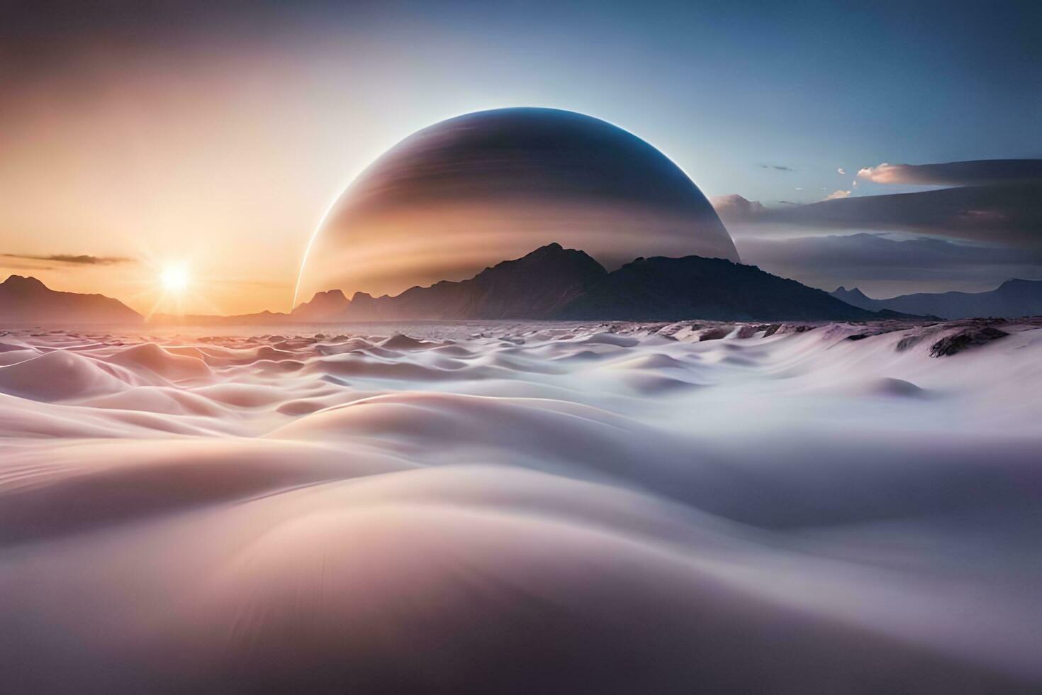 an alien planet is seen in the sky over a mountain. AI-Generated photo