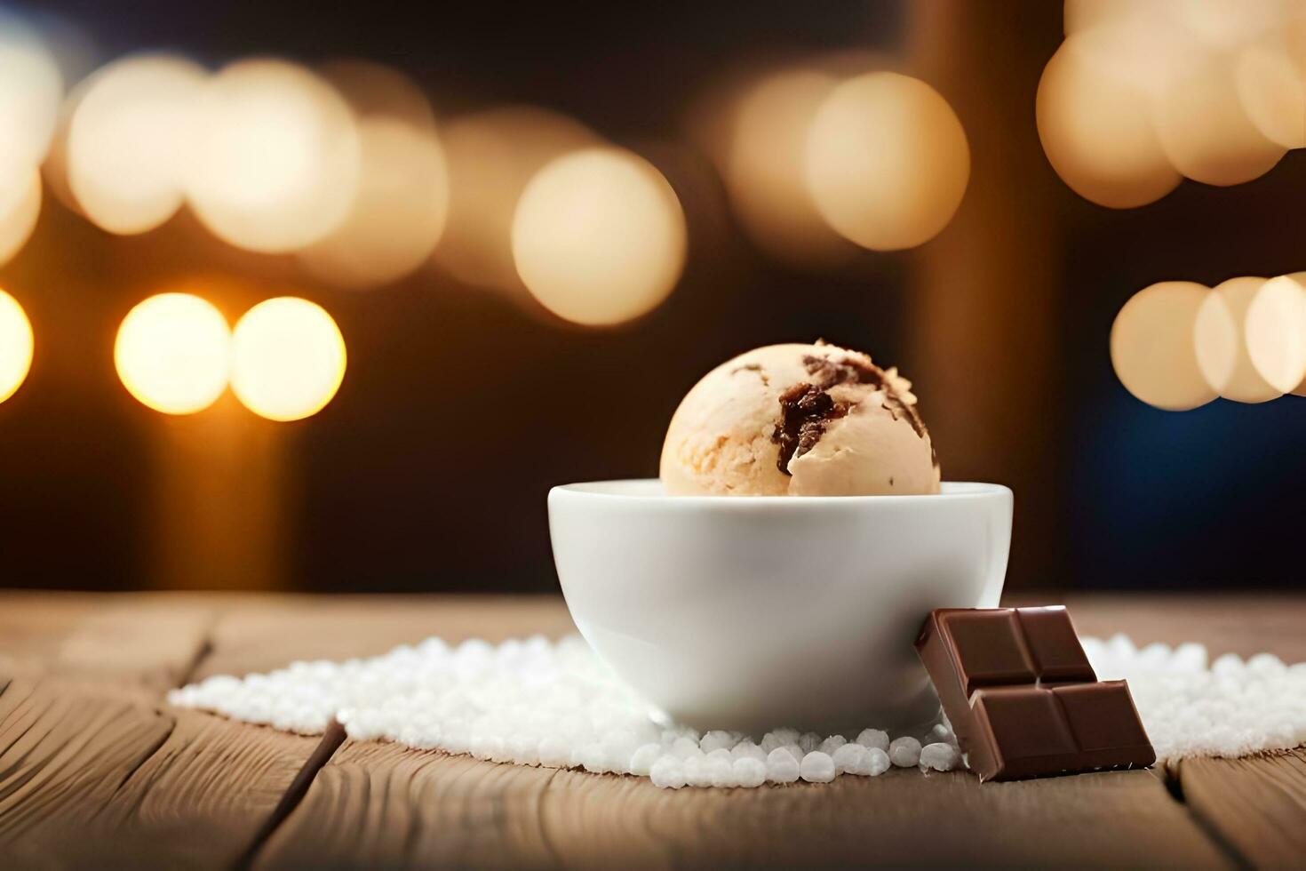 chocolate ice cream in a cup with a piece of chocolate on the table. AI-Generated photo