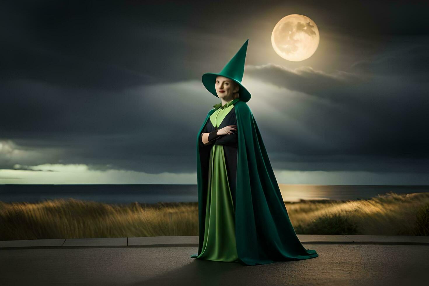 a woman in a green cloak and hat stands in front of the moon. AI-Generated photo