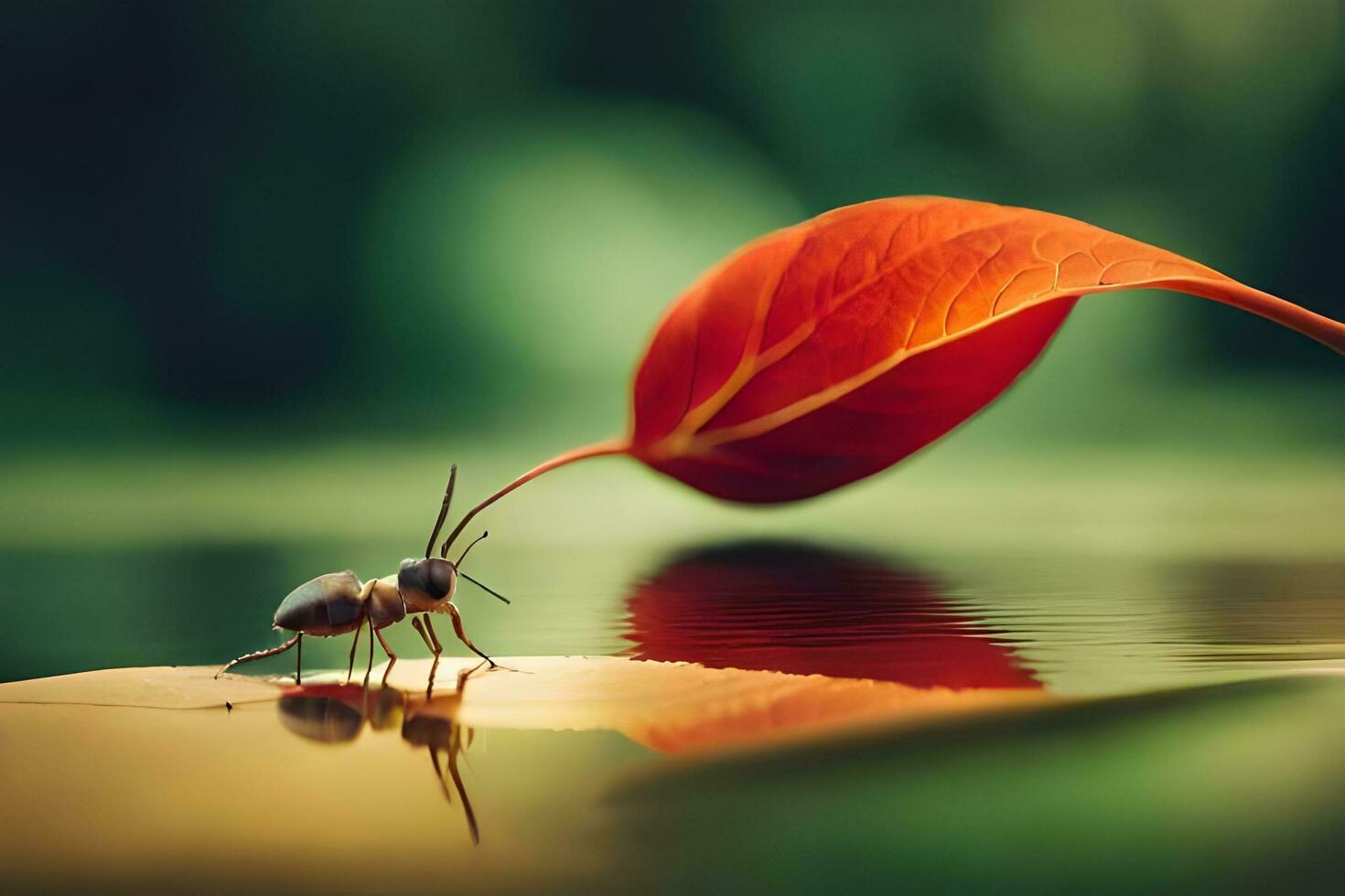 a small insect is standing on a leaf in water. AI-Generated photo