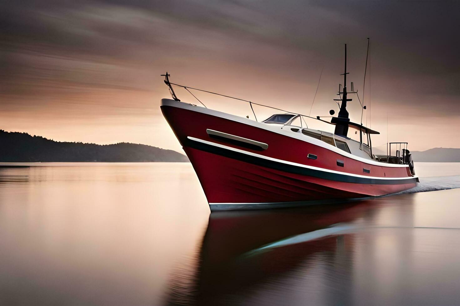 a red and white boat is sailing on the water. AI-Generated photo