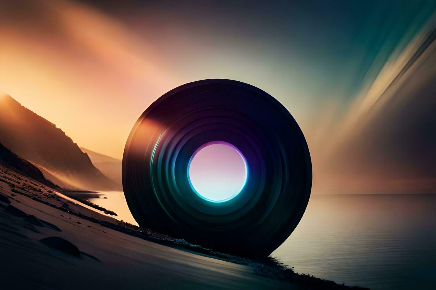 a circular object sitting on the beach with a sunset in the background. AI-Generated photo