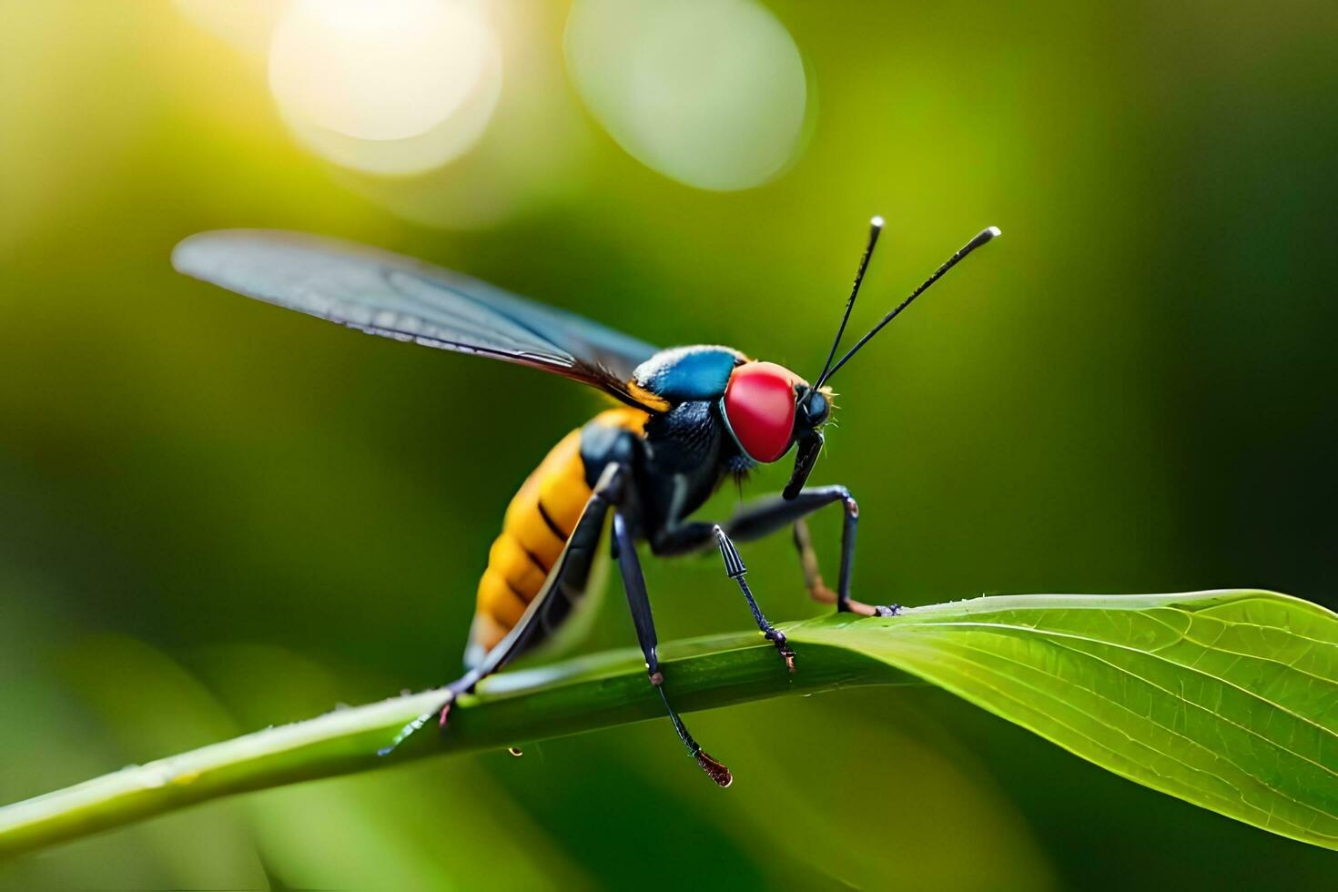 a close up of a colorful insect on a leaf. AI-Generated photo