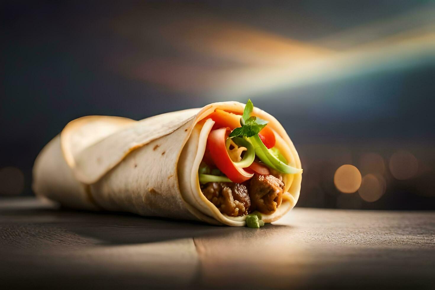 a burrito is shown on a table with a blurred background. AI-Generated photo