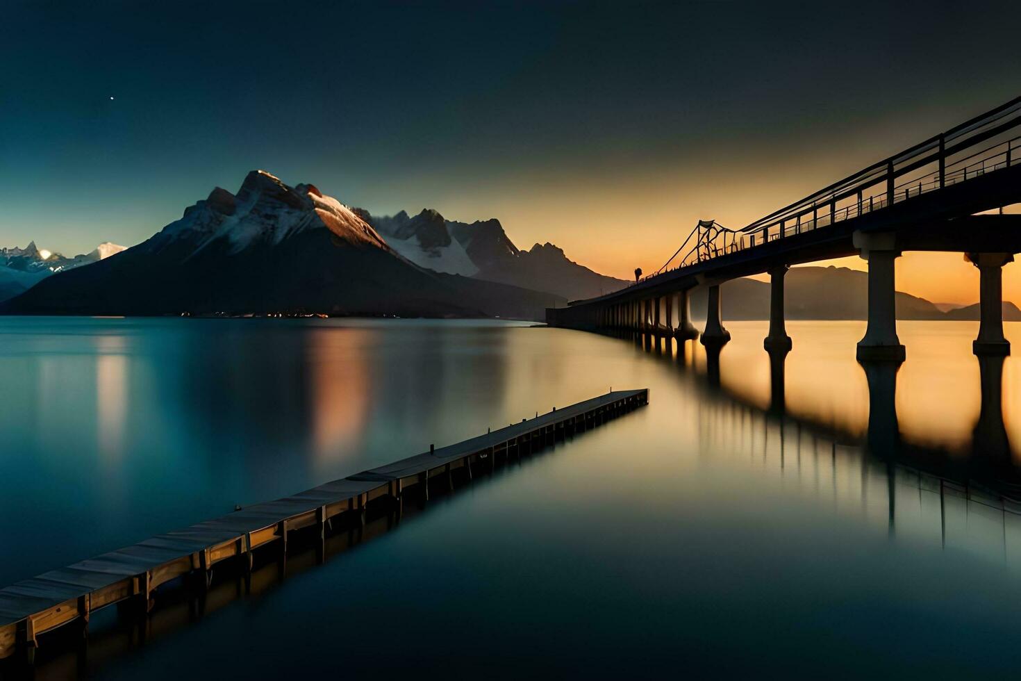 a bridge over water and mountains at sunset. AI-Generated photo