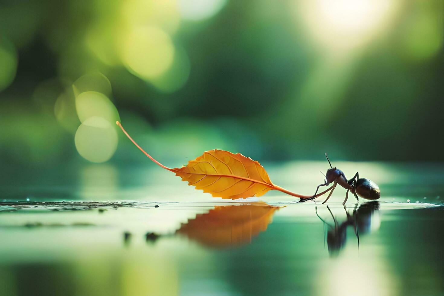 a small insect is standing on a leaf in the water. AI-Generated photo