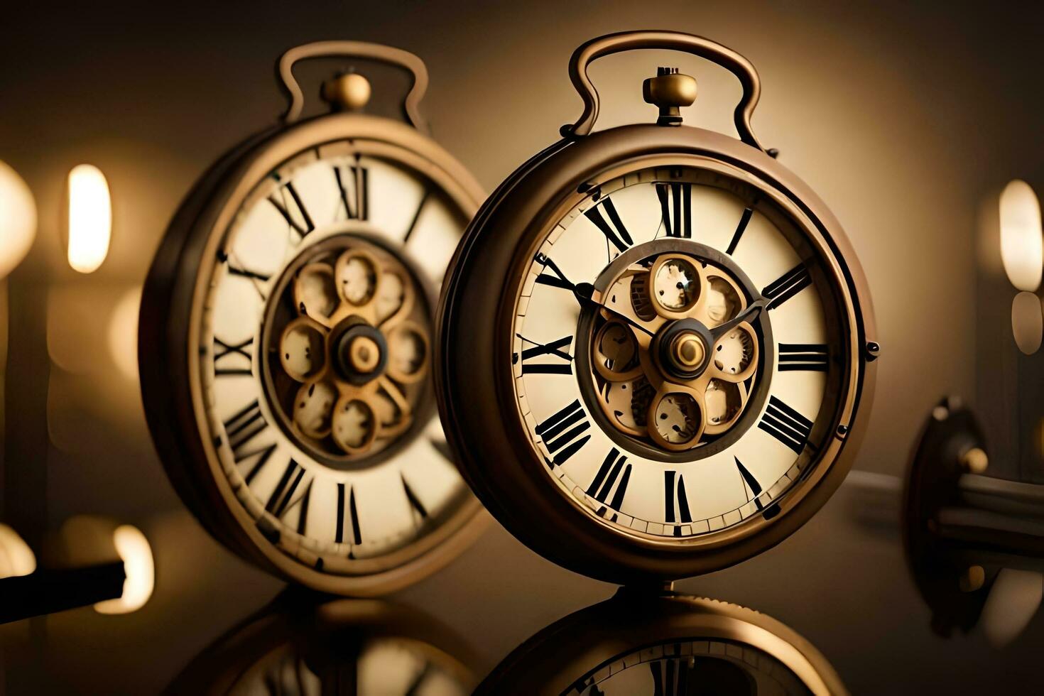 two antique clocks with roman numerals on the dial. AI-Generated photo