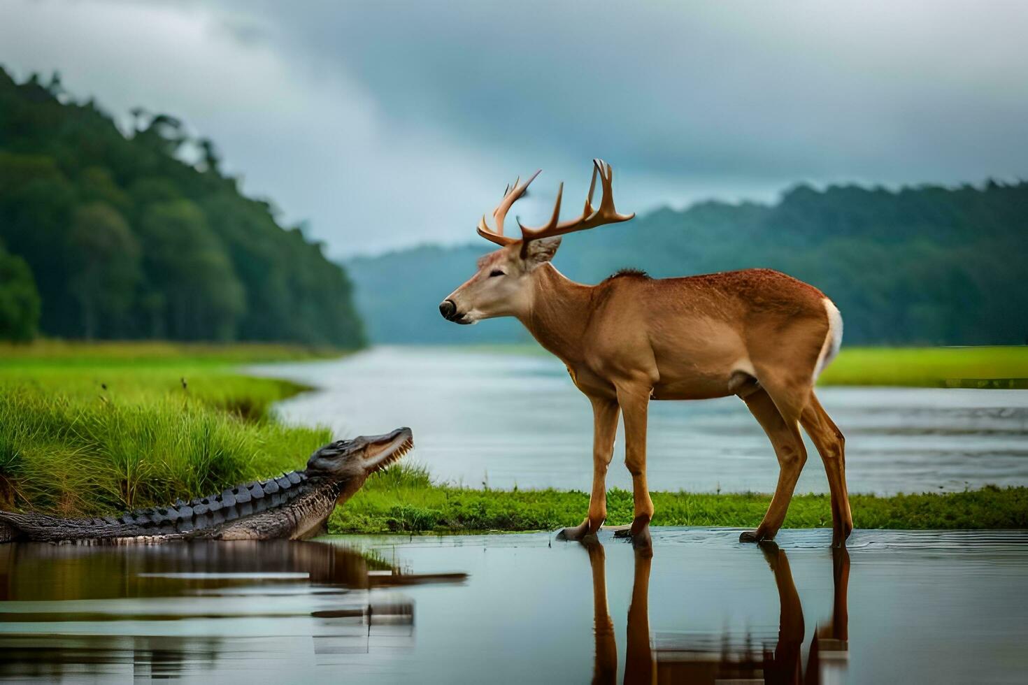 a deer and an alligator in the water. AI-Generated photo