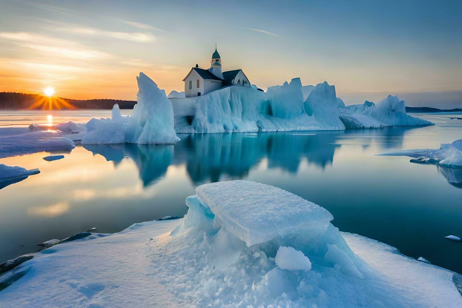 the sun sets over an iceberg in the middle of the ocean. AI-Generated photo