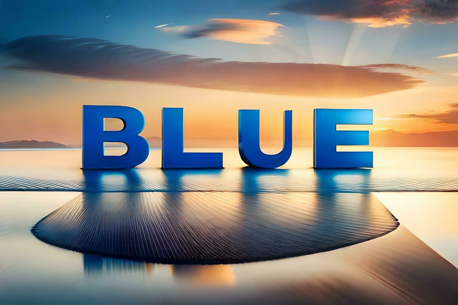 blue word on the beach at sunset. AI-Generated photo