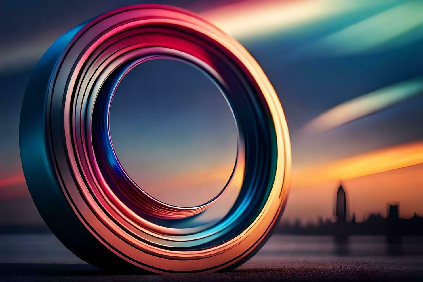 a colorful ring is shown in front of a city. AI-Generated photo