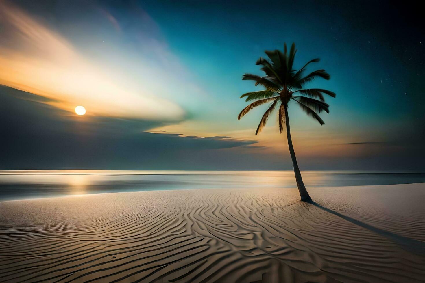 a lone palm tree stands on the beach at sunset. AI-Generated photo