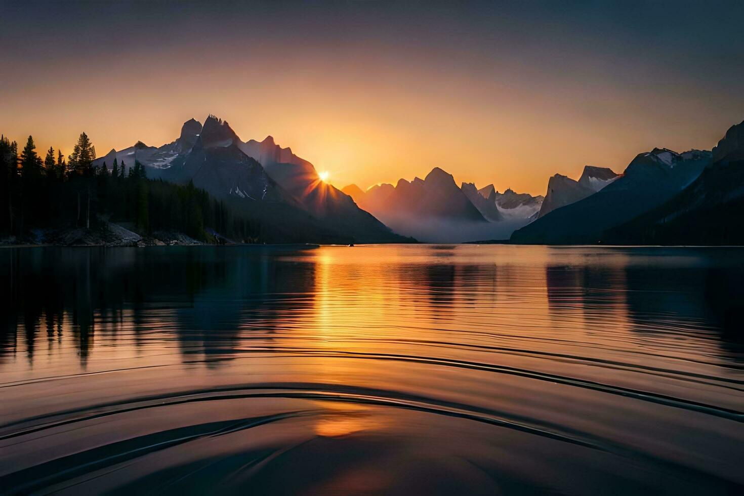 the sun rises over a mountain range and lake. AI-Generated photo