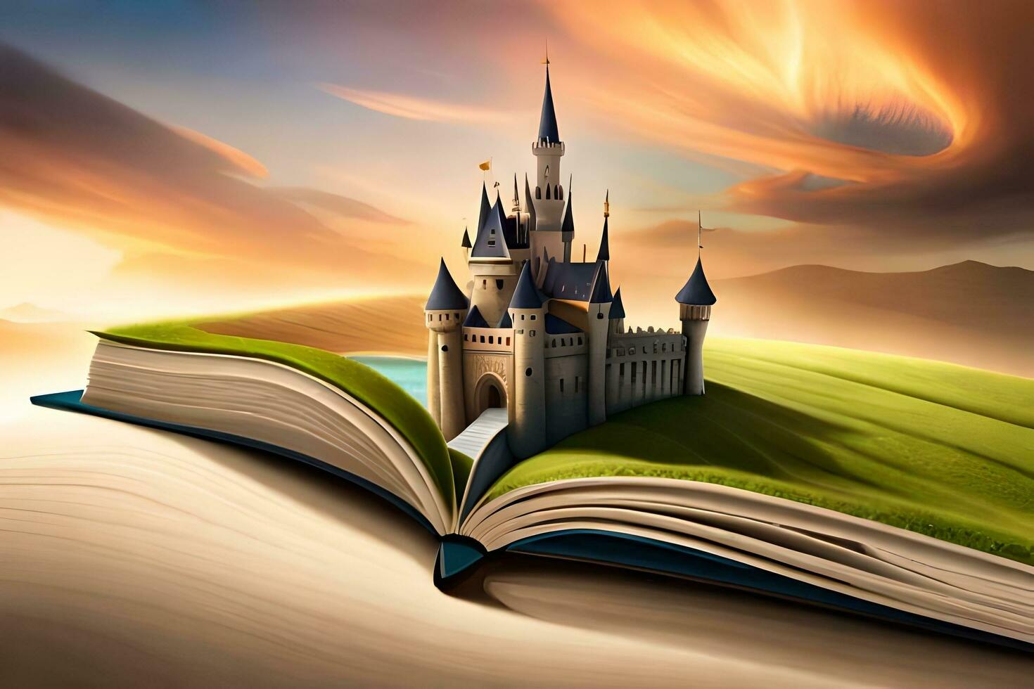 an open book with a castle on top of it. AI-Generated photo