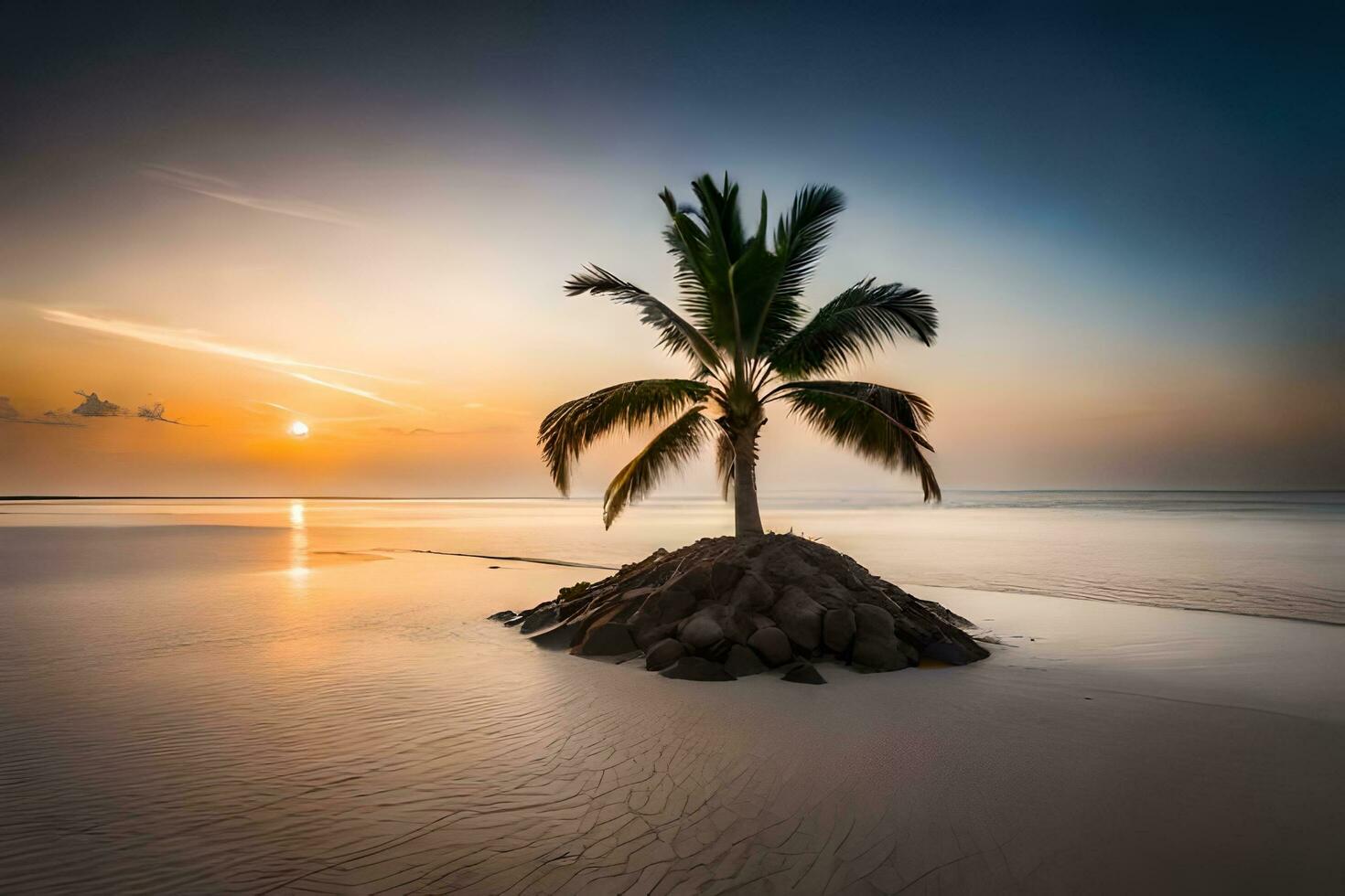 a lone palm tree stands on a small island in the middle of the ocean. AI-Generated photo