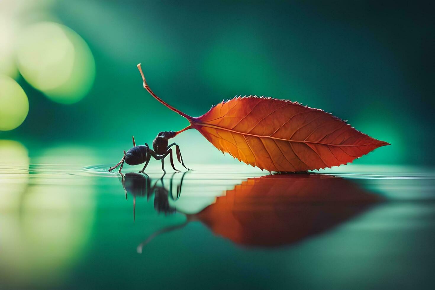 a leaf and an ant are standing on the water. AI-Generated photo