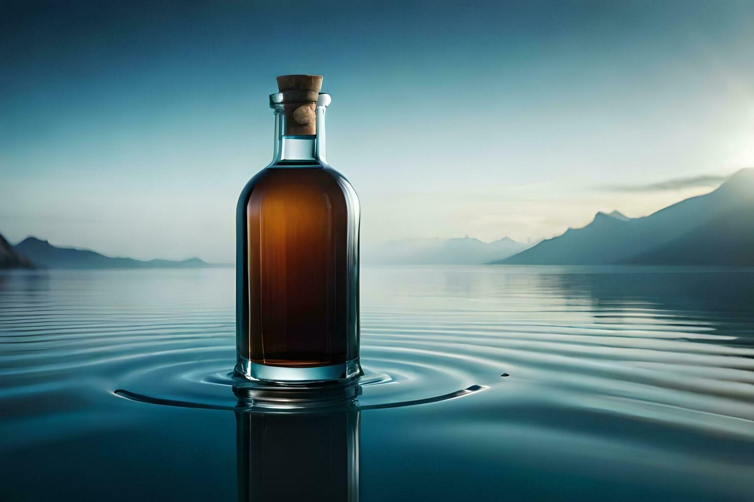 a bottle of whiskey in the middle of a lake. AI-Generated photo