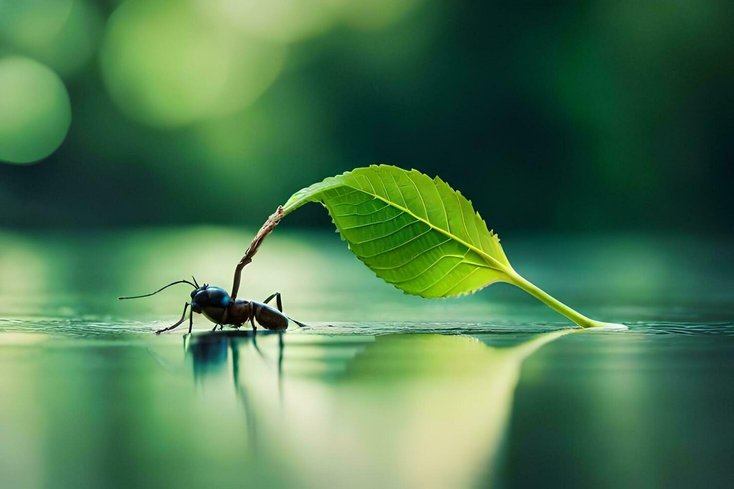 a small ant carrying a leaf on its back. AI-Generated photo