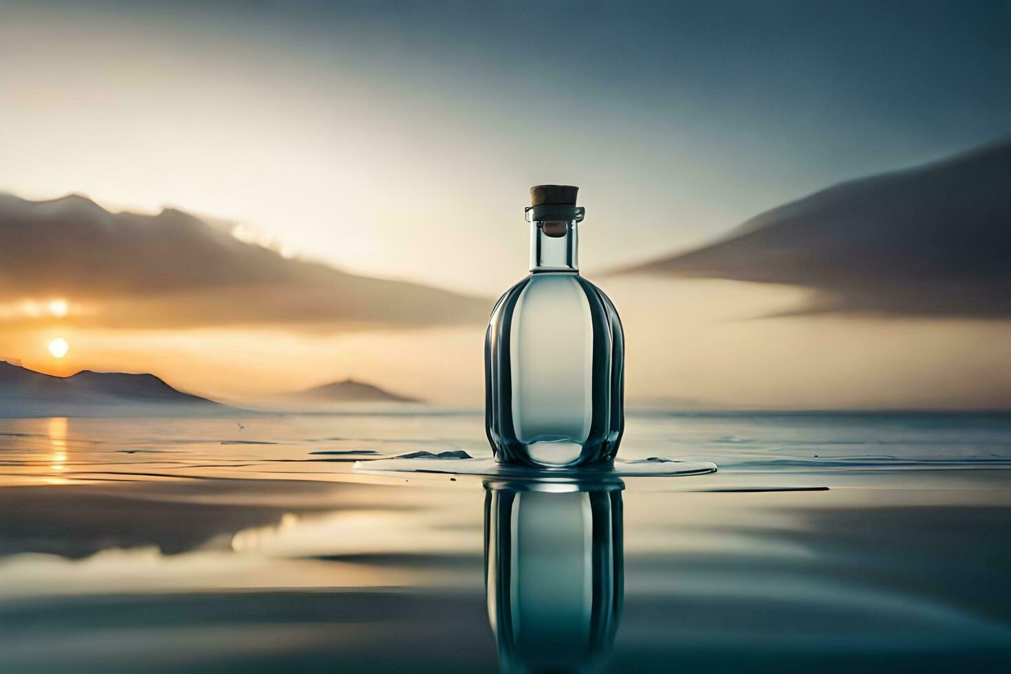 un botella de agua se sienta en el playa a puesta de sol. generado por ai foto