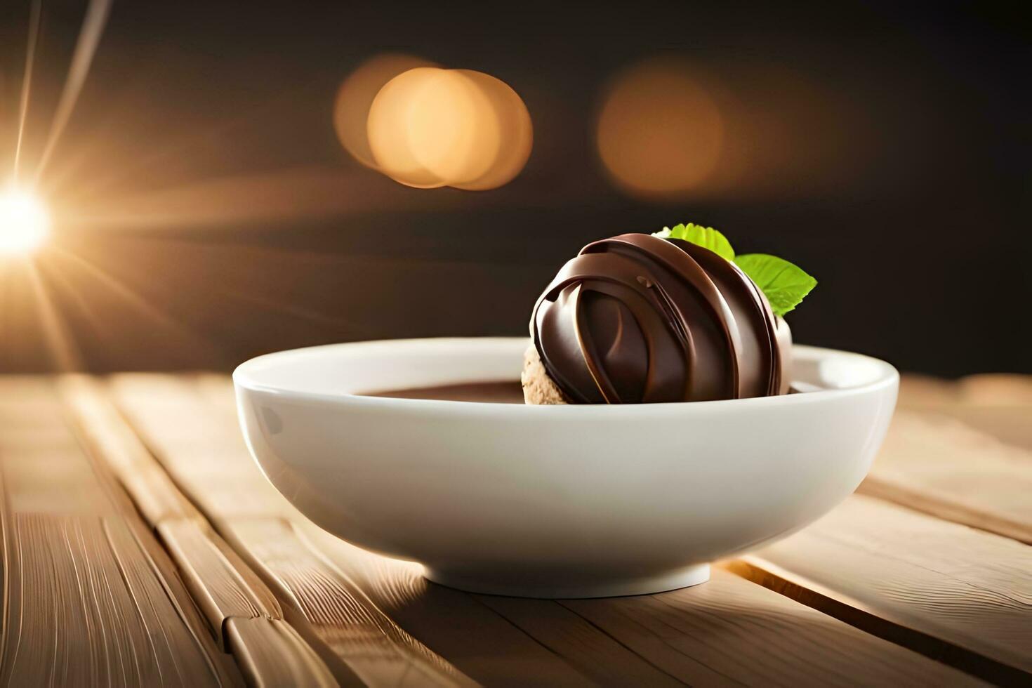 chocolate dessert in a bowl on a wooden table. AI-Generated photo