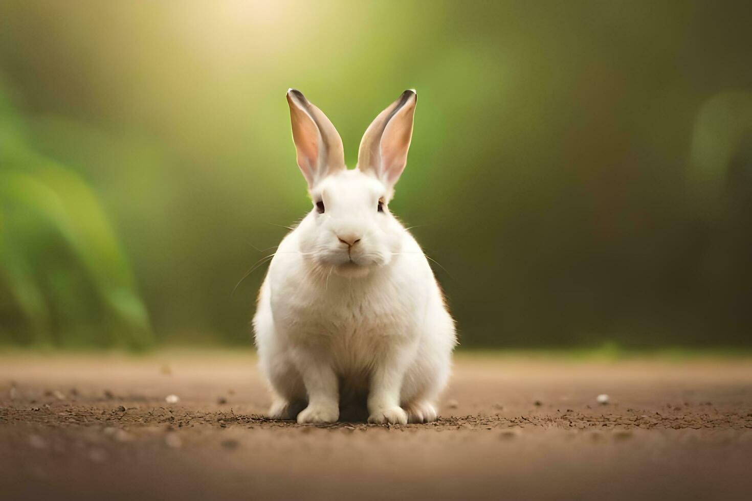 a white rabbit sitting on the ground in front of a green background. AI-Generated photo