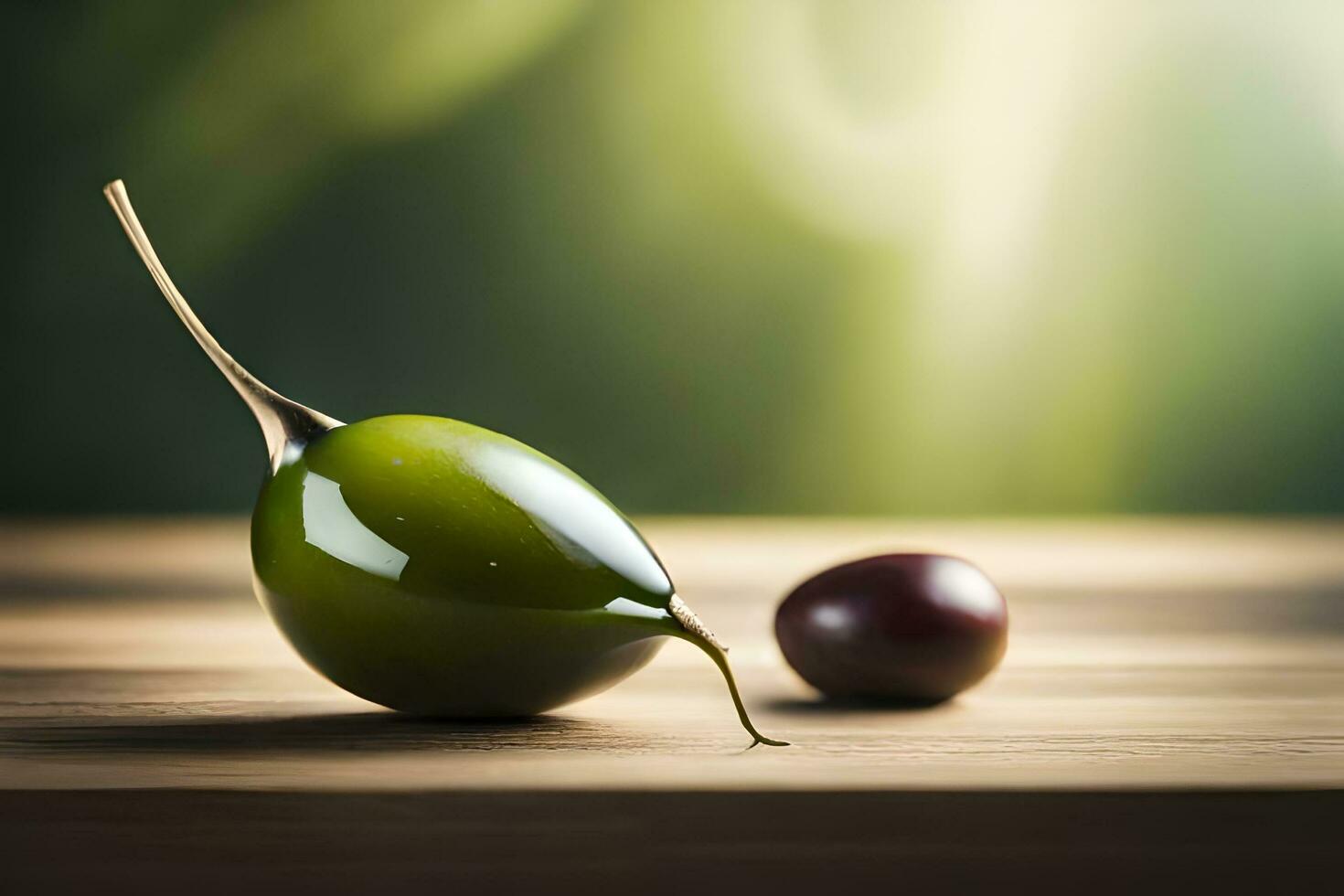 a green olive and a red one sit on a table. AI-Generated photo
