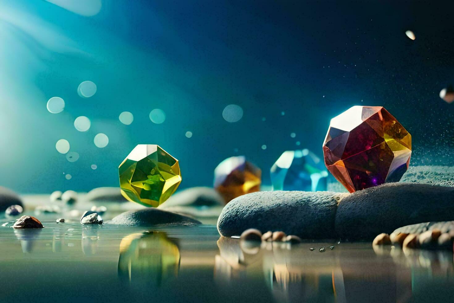 colorful stones in the water with bubbles and bubbles. AI-Generated photo