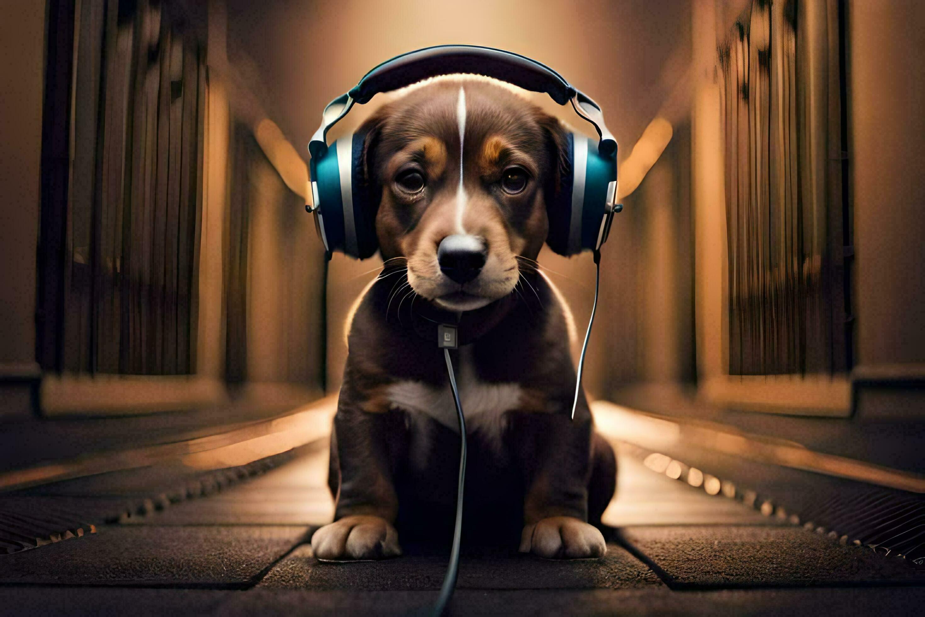 a dog wearing headphones sits in a dark room. AIGenerated 32234834