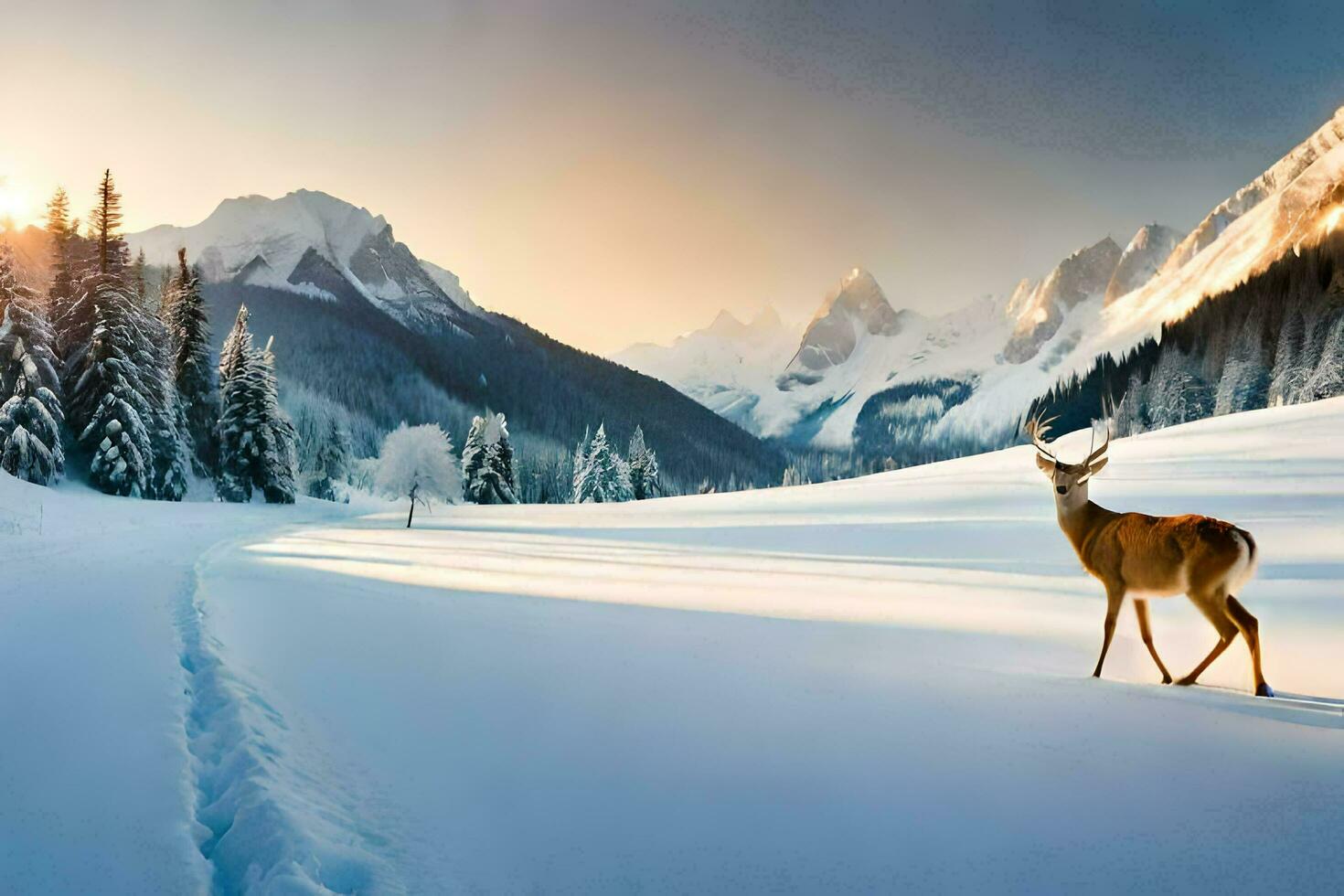 a deer stands in the snow in front of a mountain. AI-Generated photo