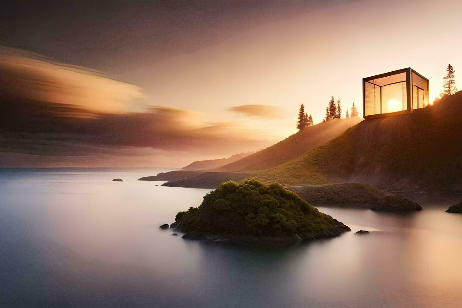 a small house on top of a hill overlooking the ocean. AI-Generated photo