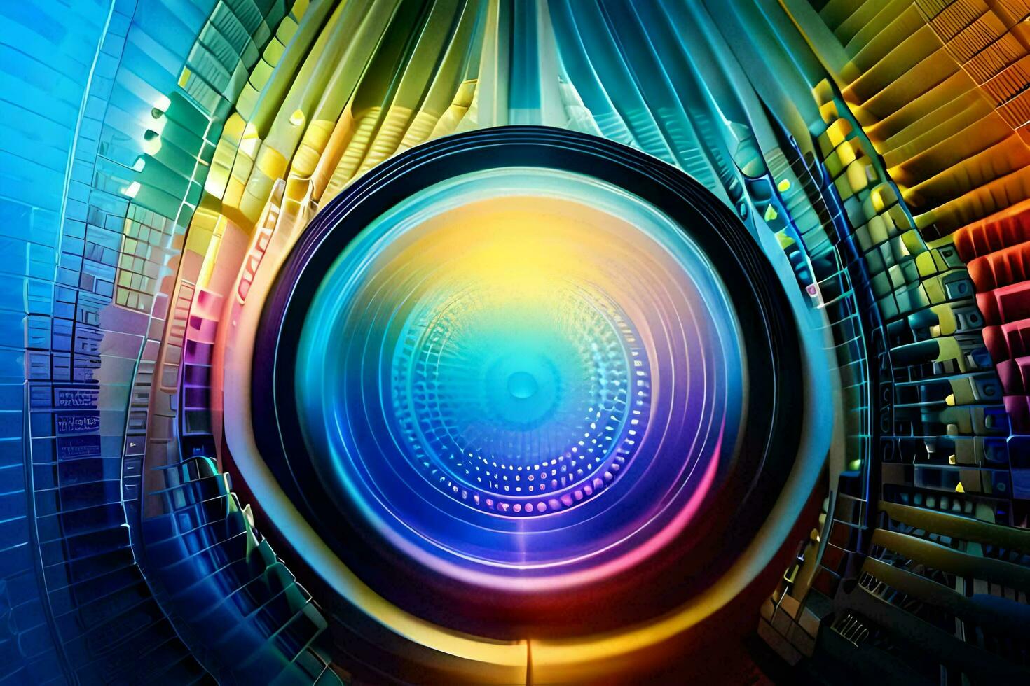 a colorful circular lens with a bright light. AI-Generated photo