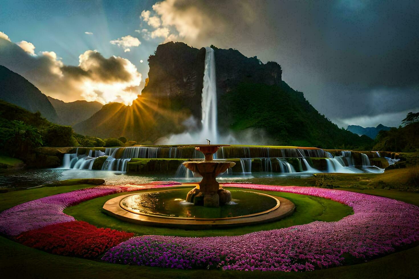 the sun rises over a waterfall in the mountains. AI-Generated photo