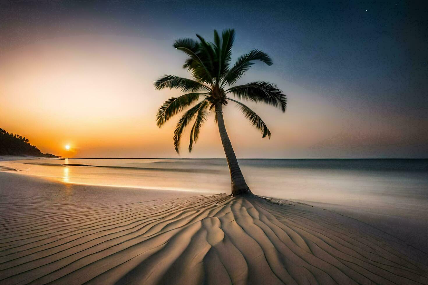 a palm tree stands alone on a beach at sunset. AI-Generated photo