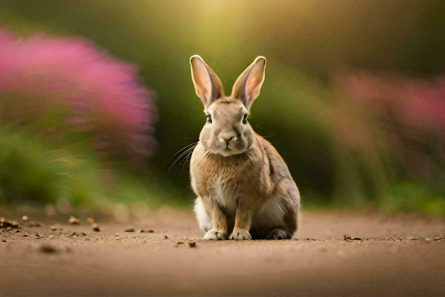 a rabbit sitting on the ground in front of a pink flower. AI-Generated photo