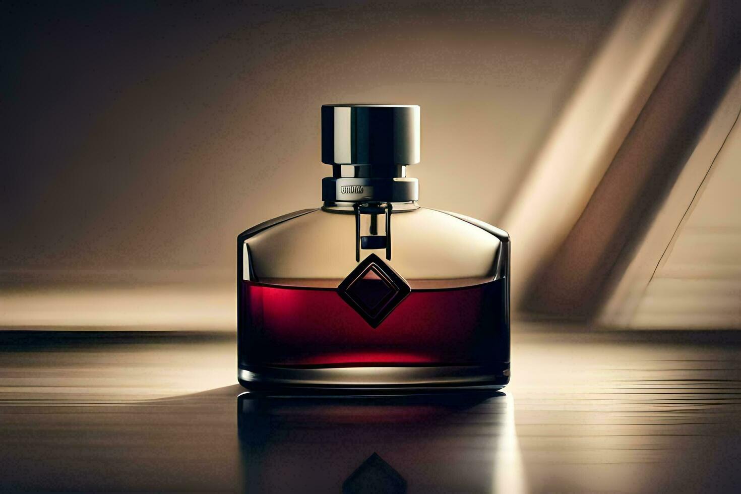 a bottle of perfume sitting on a table. AI-Generated photo