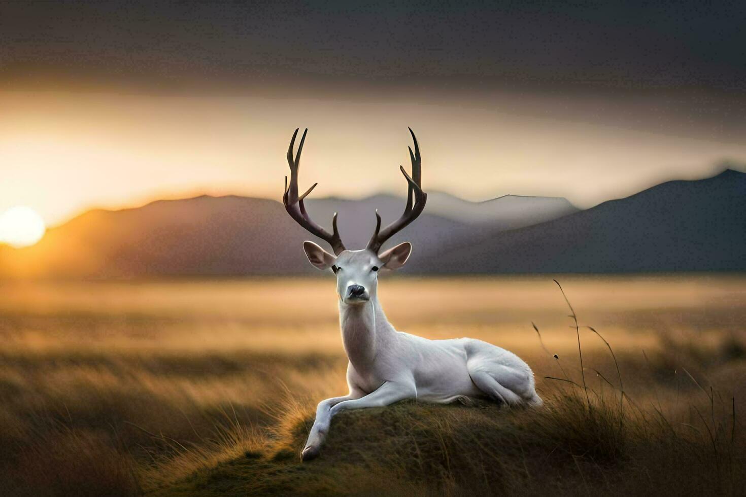 a white deer is sitting on a rock in the middle of a field. AI-Generated photo