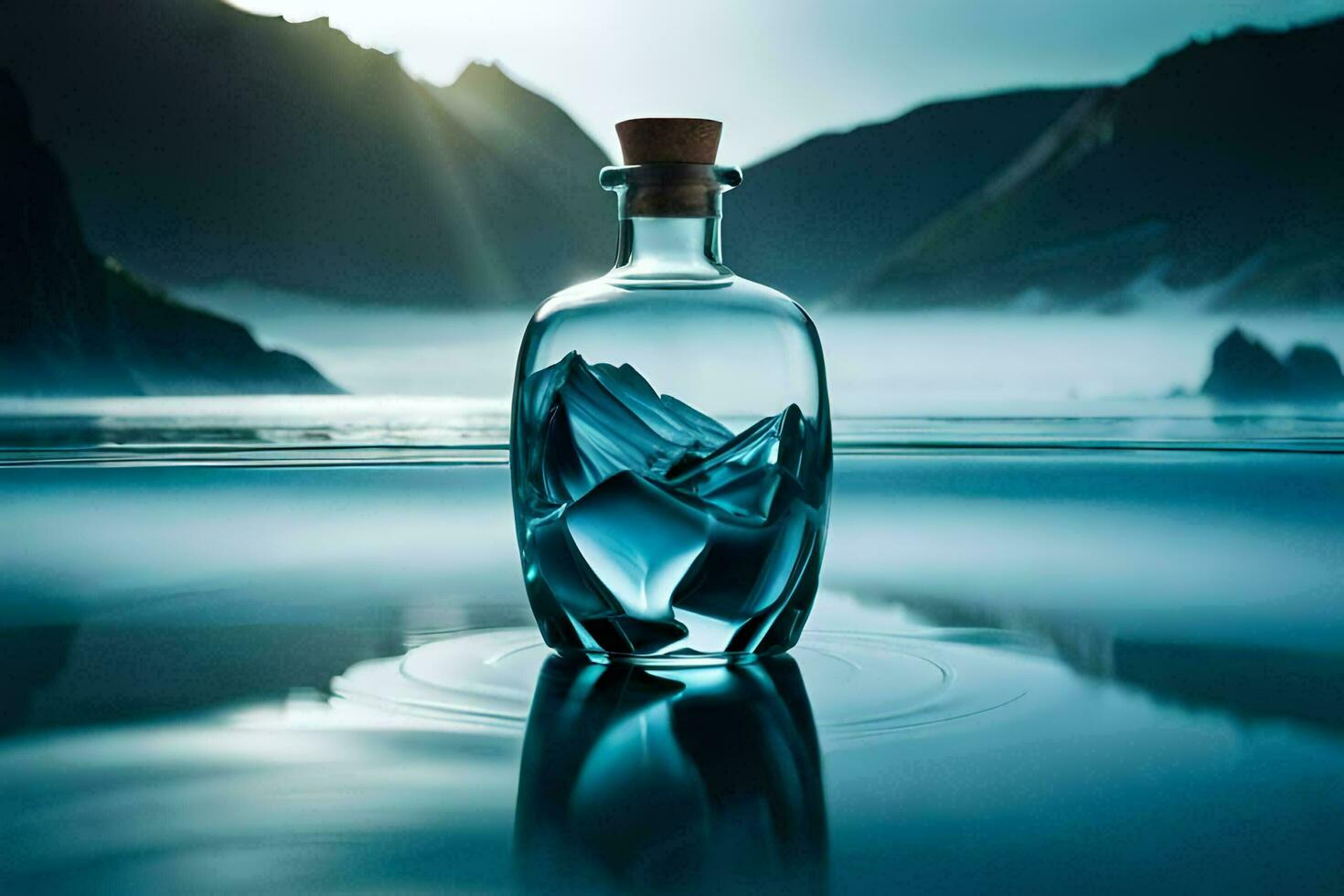 a bottle of whiskey is sitting on the water. AI-Generated photo