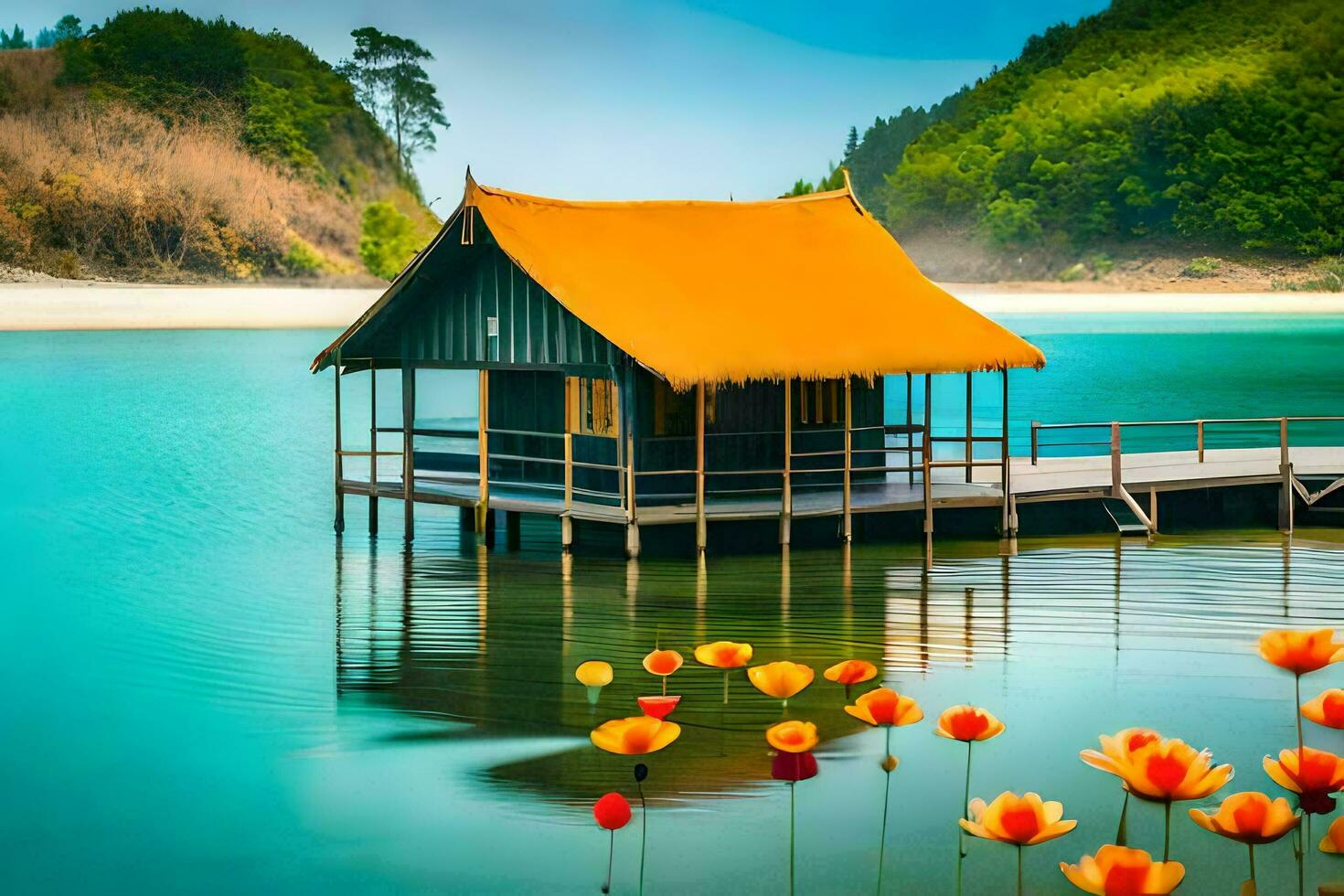 el casa en el lago. generado por ai foto