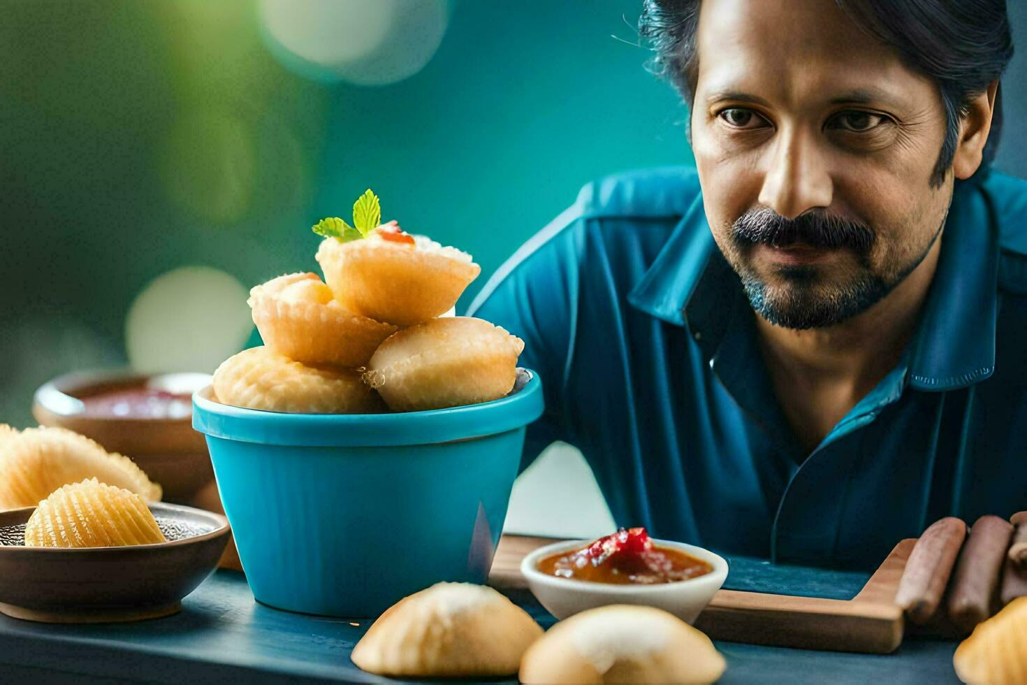 un hombre sentado a un mesa con un cuenco de alimento. generado por ai foto