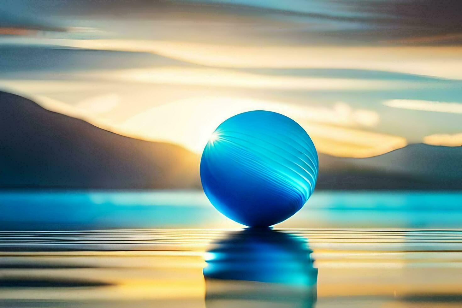 a blue ball sits on the water in front of a mountain. AI-Generated photo