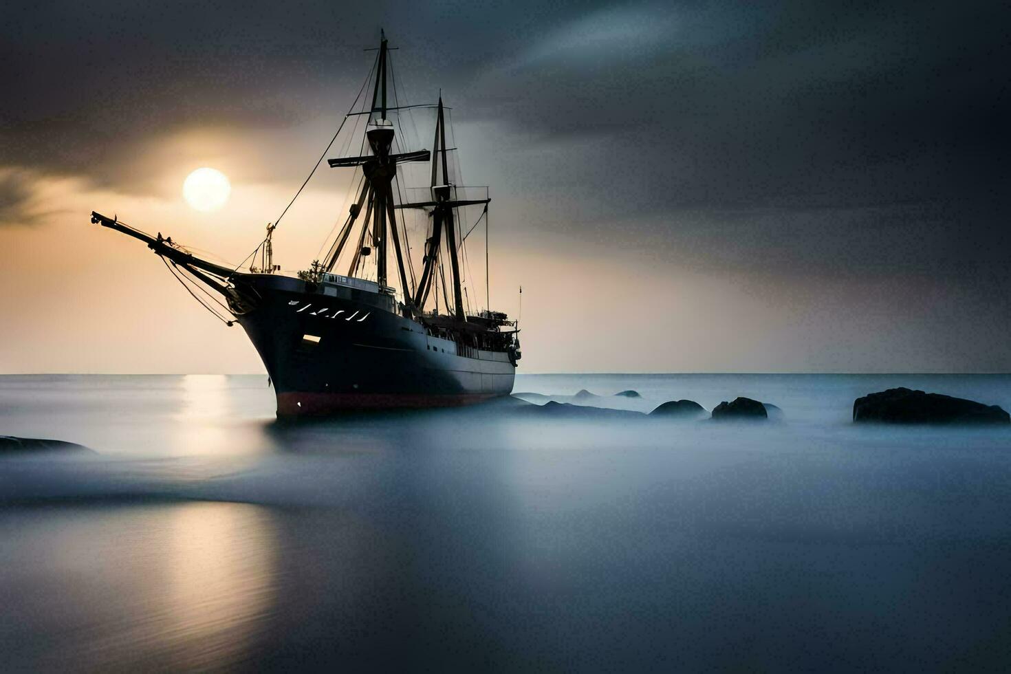 un navegación Embarcacion en el Oceano a puesta de sol. generado por ai foto