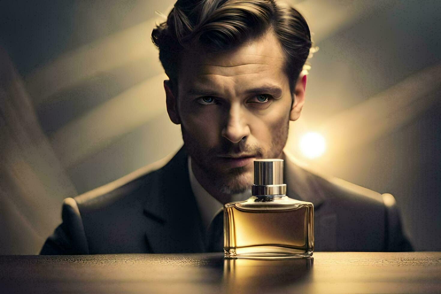 a man in a suit holding a bottle of perfume. AI-Generated photo